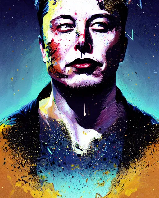 Image similar to Portrait of elon musk consumed by smoky water, stylized geometric explosion of splatter paint black gold sparkling, fantasy art by Greg Rutkowski, Loish, Rhads, Makoto Shinkai and Lois van baarle, ilya kuvshinov, rossdraws