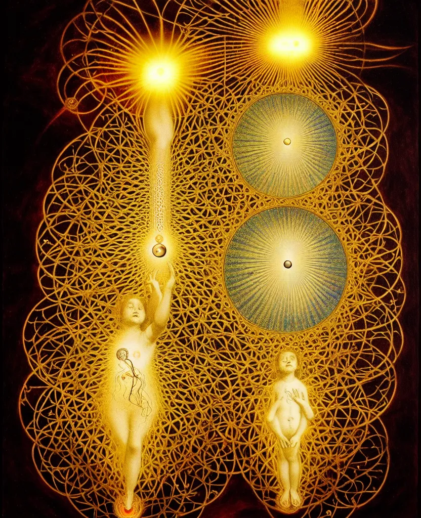 Image similar to a golden child radiates a unique canto'as above so below'while being ignited by the spirit of haeckel and robert fludd, breakthrough is iminent, glory be to the magic within, in honor of venus, painted by ronny khalil