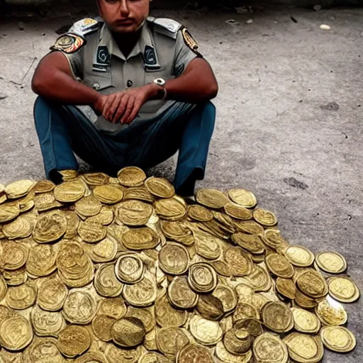 Image similar to photograph of a corrupted Bangladeshi Police officer sitting on a huge pile of cash, gold and coins