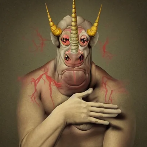 Image similar to portrait of mutant with horn in form of hand, anime, transplanted hand to head, surgery, bump in form of hand, growth on head, hippo, unicorn