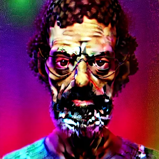 Image similar to terence McKenna posing seductively with psychedelic mushrooms, psychedelic, fractal, cinematic lighting, dramatic, octane render, full body, trending on artstation, perfect facial symmetry, bokeh, 8k, intricate, hyper detailed
