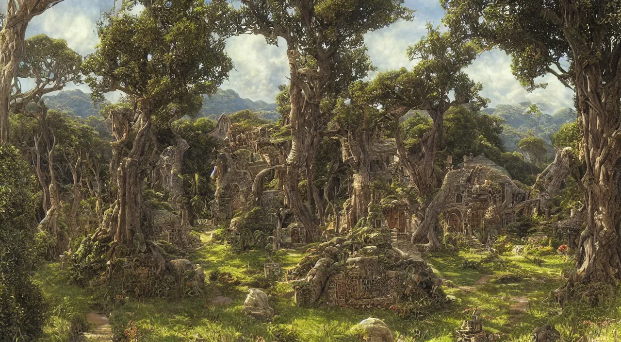 Prompt: a finely detailed painting of The Shire, by Gerald Brom and Ted Nasmith