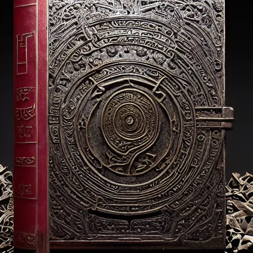 Image similar to an ancient ornate intricate old tome spell book with the sigil symbol of an eye emblazoned on the cover, cinematic, realistic, intricate detail, finely detailed, small details, extra detail, photorealistic, high resolution, 3 d, pbr, path tracing, volumetric lighting, octane render, arnold render, 8 k