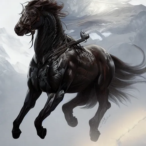 Image similar to splash art of a muscular black - coated anthropomorphic horse character wearing tactical kevlar fabric with a long white mane, exaggerated muscles, highly detailed, furry, furaffinity, digital painting, artstation, sharp focus, illustration, art by artgerm, greg rutkowski, alphonse mucha