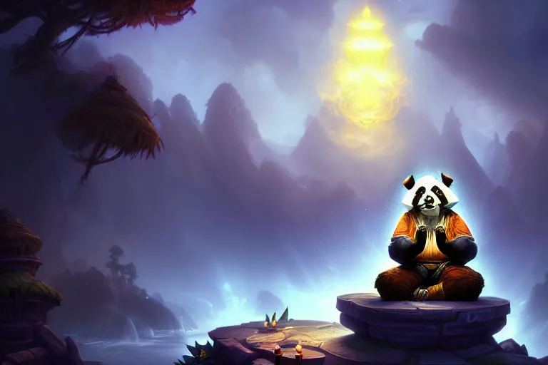 Image similar to [ important ] amazing portrait of a pandaren meditating [ / important ], hearthstone splash art, deiv calviz, splash art, natural light, elegant, intricate, fantasy, atmospheric lighting, by greg rutkowski, hearthstone splash art, hd wallpaper, ultra high details, cinematic composition