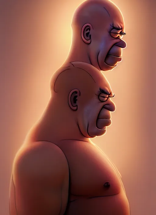 Image similar to concept art by artgerm, amazingly dense distance portrait of a hyper realistic, frowning, sad homer simpson by greg rutkowski, artgerm, alphonse mucha, concept art, octane render, highly detailed, high quality, 8 k, soft lighting, path traced, and uang guangjian and gil elvgren, symmetry!!