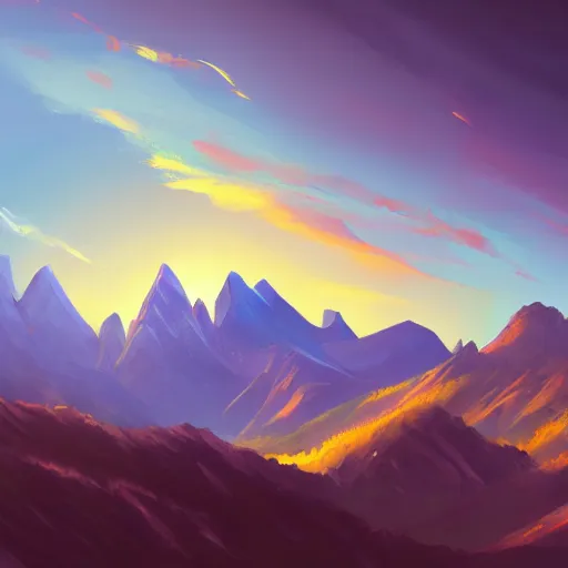 Image similar to mountain landscape, craggy mountains, panoramic, painting, color palette, beautiful sky, sharp peaks, soft foothills, artstation award, highly detailed