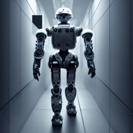 Image similar to ultra realist and ultra intricate detailed soft painting of an armored humanoid robot, walking down a futuristic hallway with a futuristic rifle, viewed from a corner, sensual gloomy style, volumetric clouds, artstation, unreal render, low angle