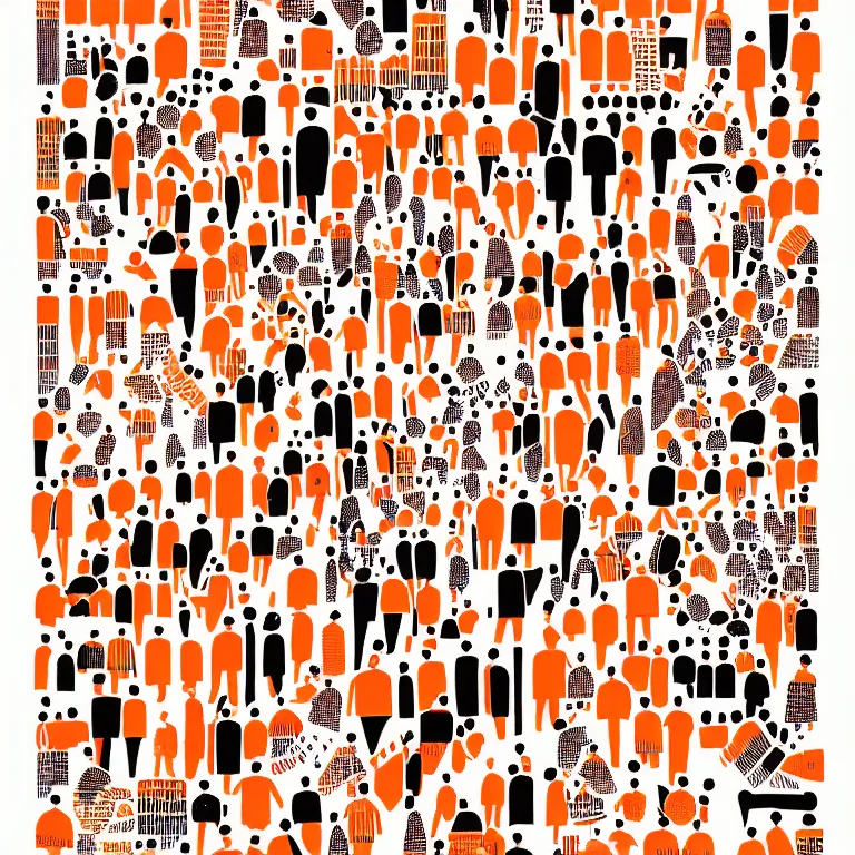 Image similar to simple risograph graphic illustration, community of people, basic shapes, orange white and black, clean edges