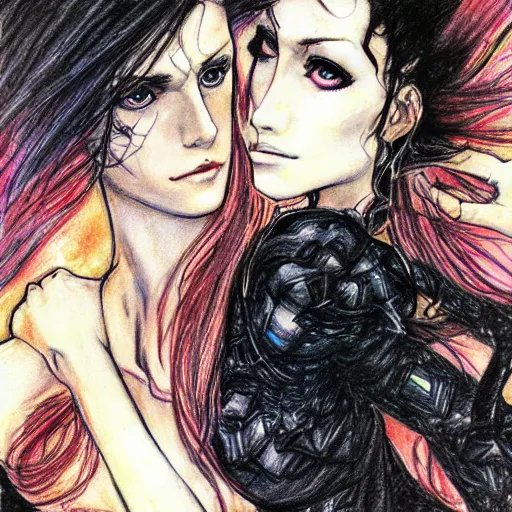 Prompt: a drawing of a woman holding a man, concept art by ayami kojima, featured on pixiv, auto - destructive art, official art, wiccan, parallax.