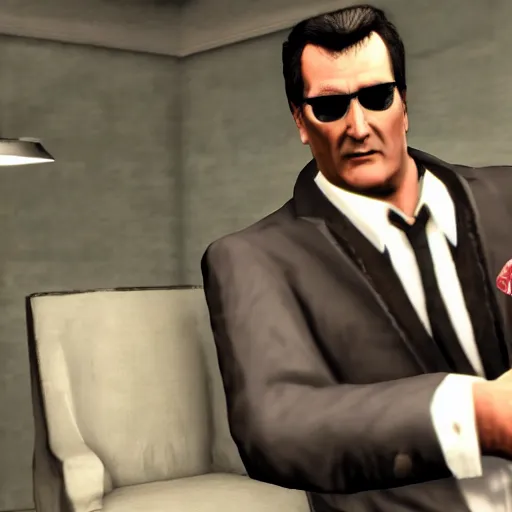 Prompt: portrait of bruce campbell dressed in a tuxedo smoking a cigar. gta v graphics