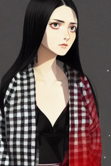 Prompt: mysterious girl with her long black hair dressed in a chequered cloak anime art style, digital art by ilya kuvshinov, inspired by balthus, hd, 4 k, hyper detailed