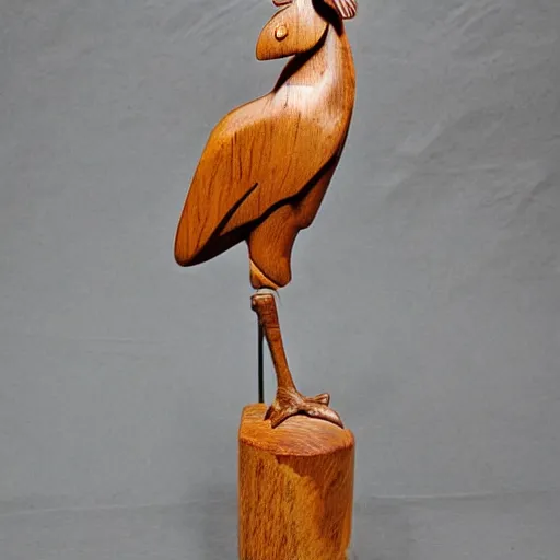 Image similar to wooden sculpture of a miner holding a rooster, polished maple, thoughtful, elegant, real