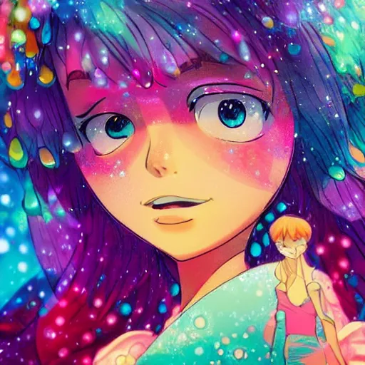 Image similar to a beautiful disney styled character, dew, water drops, ultra detailed, sunrise, portrait, hyper colorful, trending on artstation, by studio ghibli