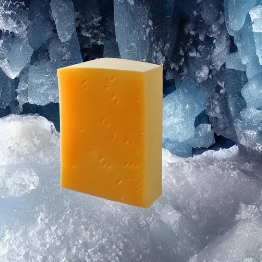 Prompt: block of cheese inside an ice cavern