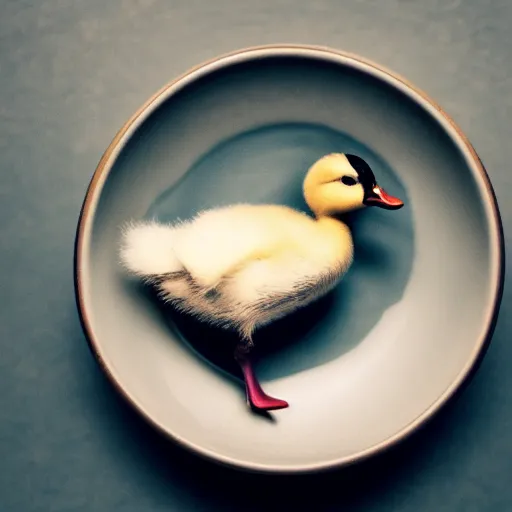 Prompt: cute duckling sitting in a teacup, photography, minimalistic, 8 k