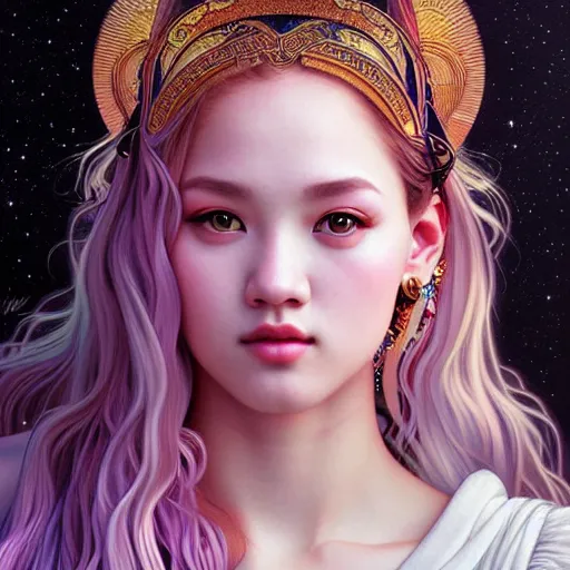 Image similar to portrait of jossi of blackpink, goddess of the moon, highly detailed, digital painting, smooth, sharp focus, illustration, ultra realistic, 8 k, art by artgerm and alphonse mucha