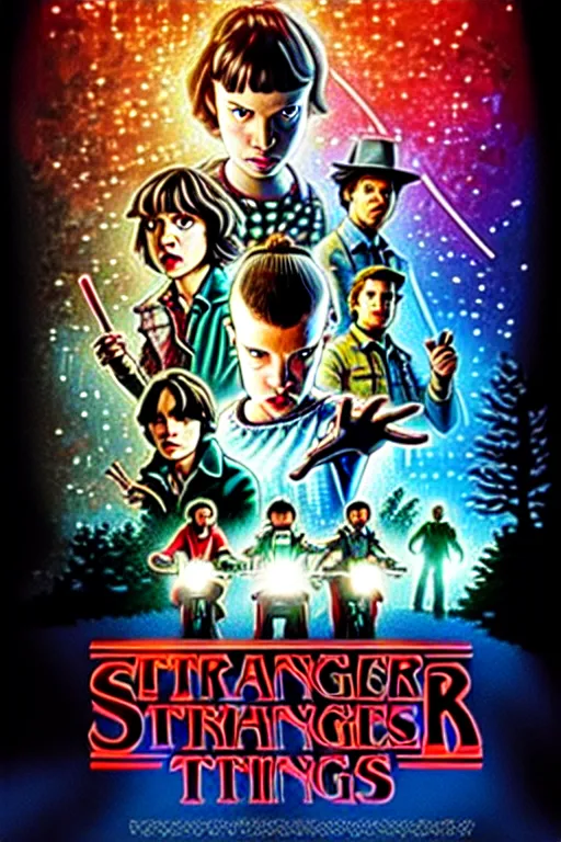 Image similar to Stranger Things Season poster with cast of Futurama, Matt Groening, high resolution, hyper detailed, intricate, photorealistic, all cast members, netfilx !n-9