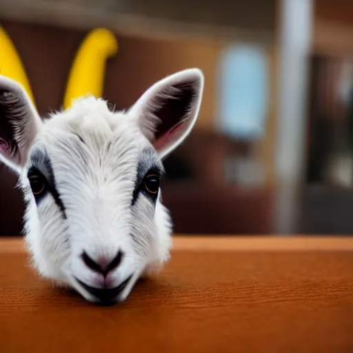 Image similar to a cute baby goat sitting in a booth eating at mcdonalds, mcdonalds interior background, close up of the baby goat, photo