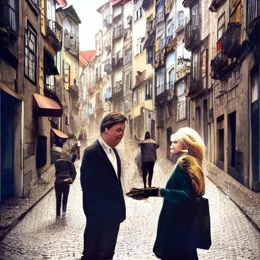 Prompt: a blonde woman & Michael mcintyre searching for food in Porto, greg rutkowski