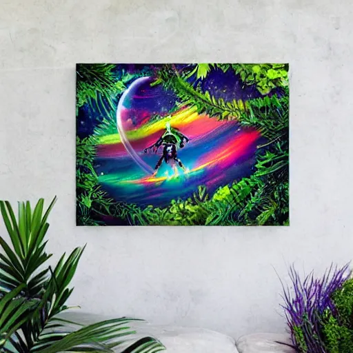 Prompt: Alien planet, lush foliage, cool color combination. Rainbow-colored sky. Flying alien creatures. Wall art stlye. By Daze and Lady Smith.