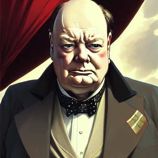 Image similar to Winston Churchill from Fullmetal Alchemist, fantasy, intricate, elegant, highly detailed, digital painting, artstation, concept art, matte, sharp focus, illustration, art by Artgerm and Greg Rutkowski and Alphonse Mucha