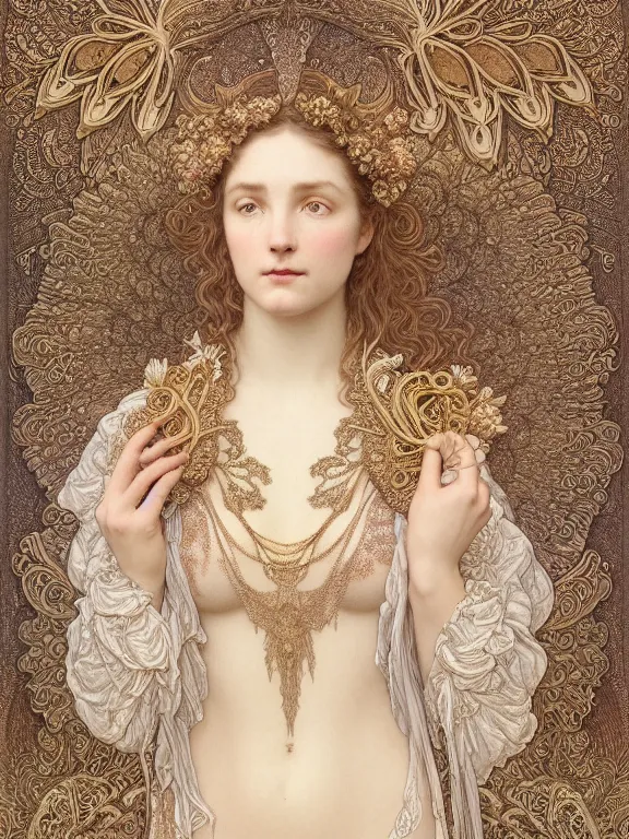 Prompt: Gustave dore and Mucha beautiful maiden ivory mask intricate ornate wings fractal-lace iridescent gemstone wearing ivory rococo dress, ivory gold, iridescent highlights, full view, soft lighting, vivid, Hyperdetailed, 4k hd matte painting by Artgerm, Kelly McKernan, Marc Simonetti, Klimt, Moebius, James Jean, 8k resolution, enchanting and otherworldly, Artstation, CGsociety, detailed, front view