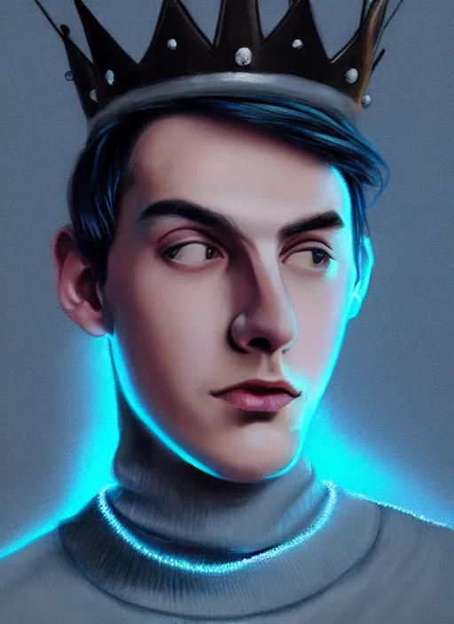 Image similar to portrait of teenage jughead jones wearing a light grey crown, crown, blue turtleneck, 1 9 5 0 s, closed eyes, photorealistic, black hair, glowing lighting, intricate, elegant, glowing lights, highly detailed, digital painting, artstation, concept art, smooth, sharp focus, illustration, art by wlop, mars ravelo and greg rutkowski