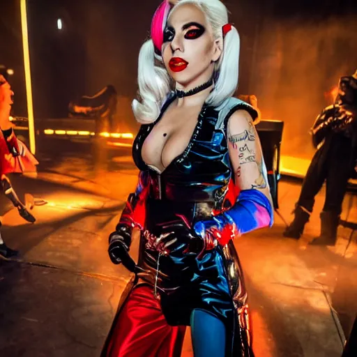 Image similar to beautiful awe inspiring Lady Gaga playing Harley Quinn 8k hdr moody lighting