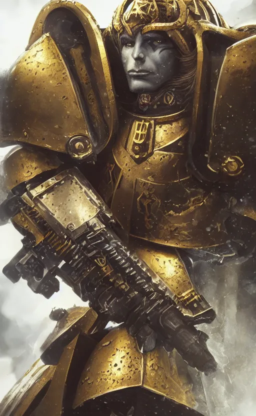 Image similar to warhammer 40k, half-lenght portrait of Emperor of Mankind, beautiful man without helmet, gold armor, beautiful face, long blonde hair, digital art, illustration, fine details, cinematic, highly detailed, octane render