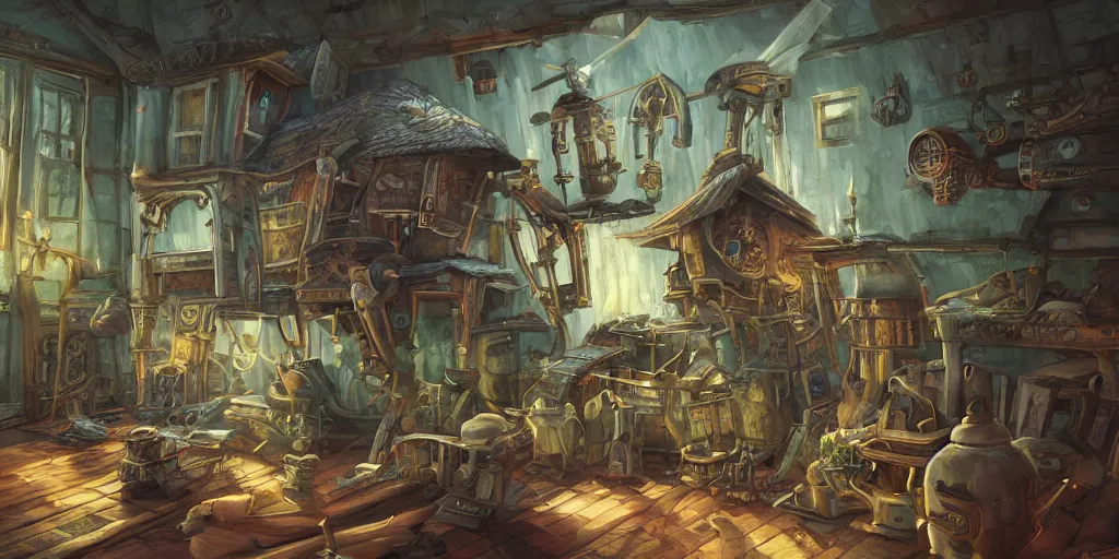 Image similar to a house with mechanical legs, Baba Yaga, cinematic angle, studio Ghibli, volumetric lighting, bold, beautiful composition, intricate, elegant, digital art, detailed oil painting, hyperrealistic, sharp focus, 8k