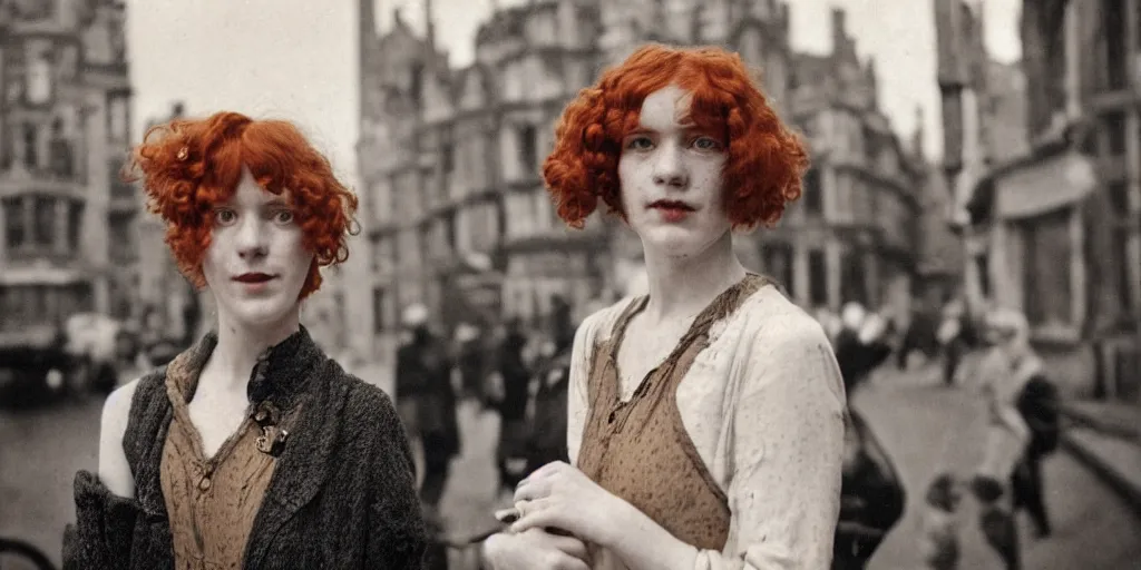 Image similar to a young red haired woman with freckles looks deeply into the camera, 1920's london street, 100, 50mm, art nouveau, f4.0, style of Joel Meyerowitz