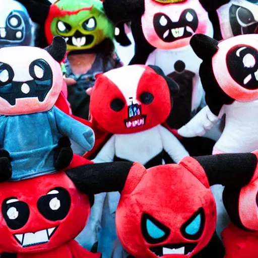 Prompt: scary demon plushies being sold at an amusement park, devilish, haunting, nightmare