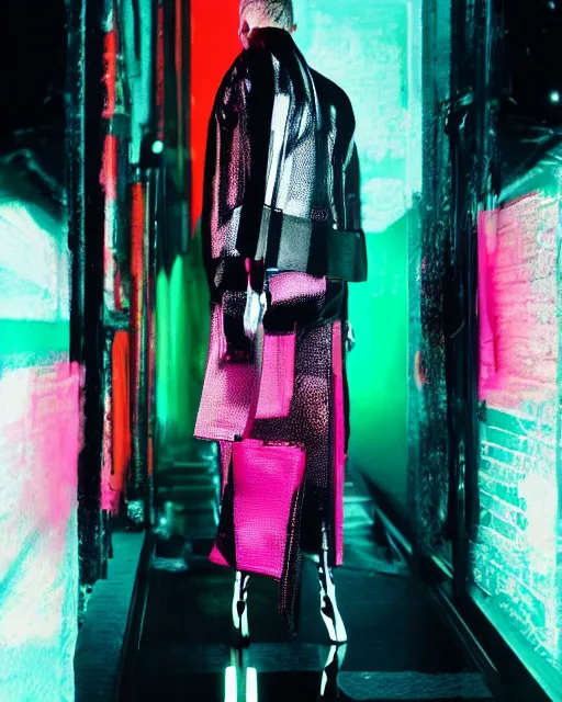 Prompt: an award winning fashion photograph leaked screenshot of Balenciaga's fashion week 2049 campaign by Demna Gvasalia, cyberpunk, futuristic, Bladerunner 2049, dazzle camouflage!, dayglo pink, dayglo blue, raven black