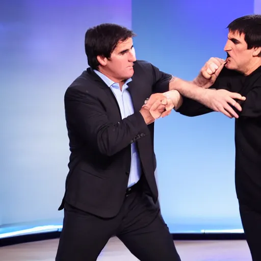 Image similar to Lighstaber duel between Kevin O'Leary and Mark Cuban, in Shark Tank (2016)