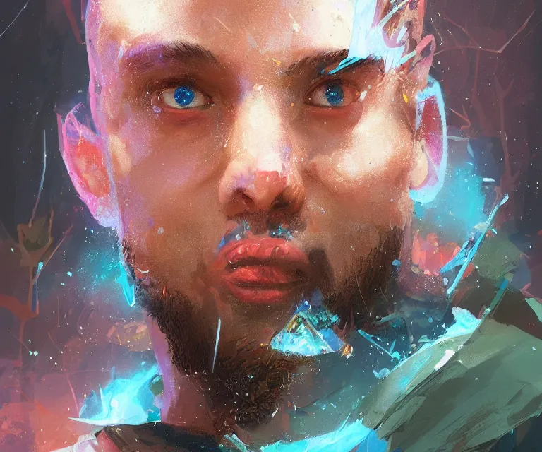 Prompt: painting close - up portrait of a young bald blue - skinned wizard in a forest, masterpiece, trending on artstation, by ismail inceoglu