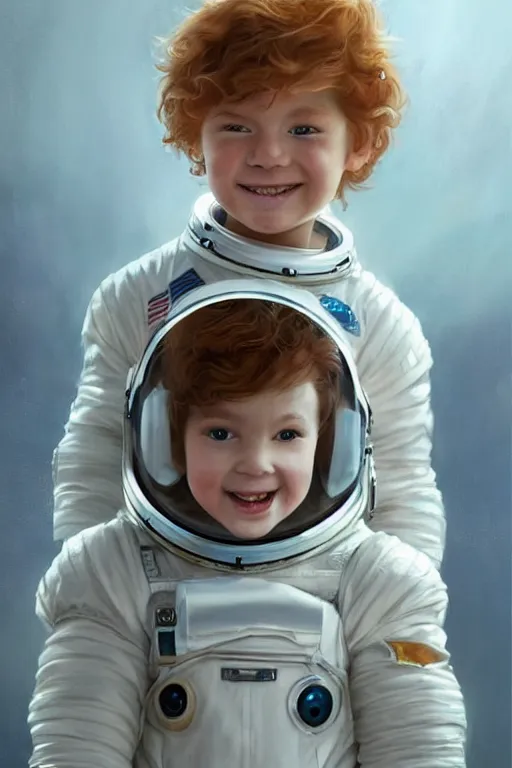 Image similar to a little boy with a cherubic michievous face and ginger hair. he is an astronaut, wearing a space suit. clean elegant painting, beautiful detailed face. by raymond swanland and artgerm and greg rutkowski