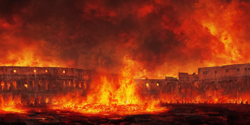 Image similar to painting of the great fire of rome, abstract, realism, 8 k, detailed, terror, octane render, 3 d render, complex emotion, glow, orange, beautiful, cinematic