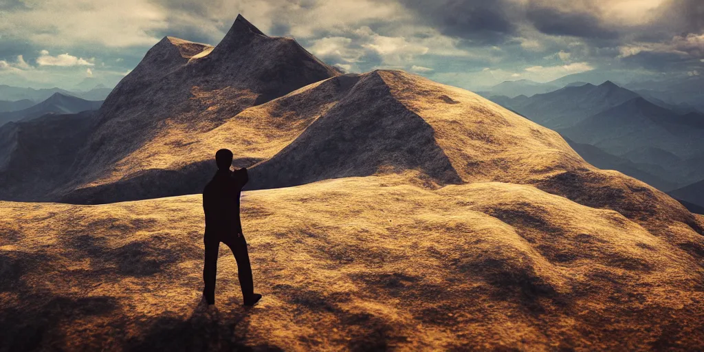 Prompt: low poly 3D rendering of a man standing atop a wide mountain range, natural light, cinematic, bokeh, wide angle