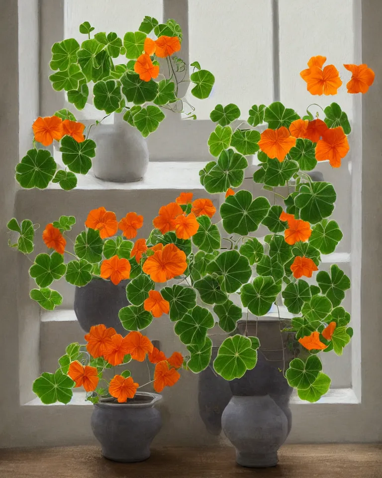 Image similar to fine artwork of a still life arrangement of flowering nasturtiums in japanese ceramic pots. soft light coming from a window in a dark room, moody, wabisabi, hygge