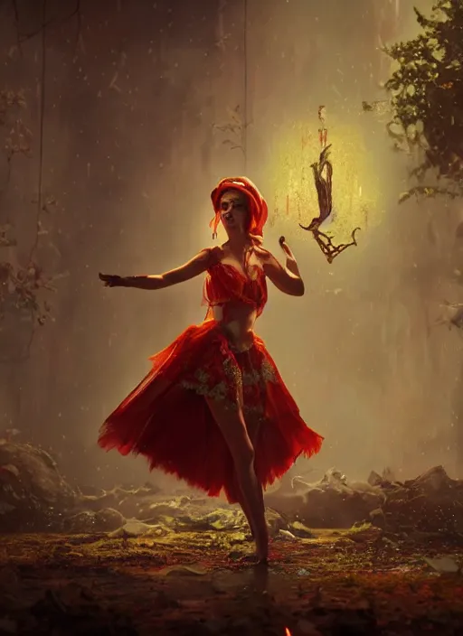 Image similar to enchanted cult girl performing ritual, concept art, elegent, magic background, character portrait, dynamic lighting, octane render aesethic, matte painting, gaudy colors, detailed