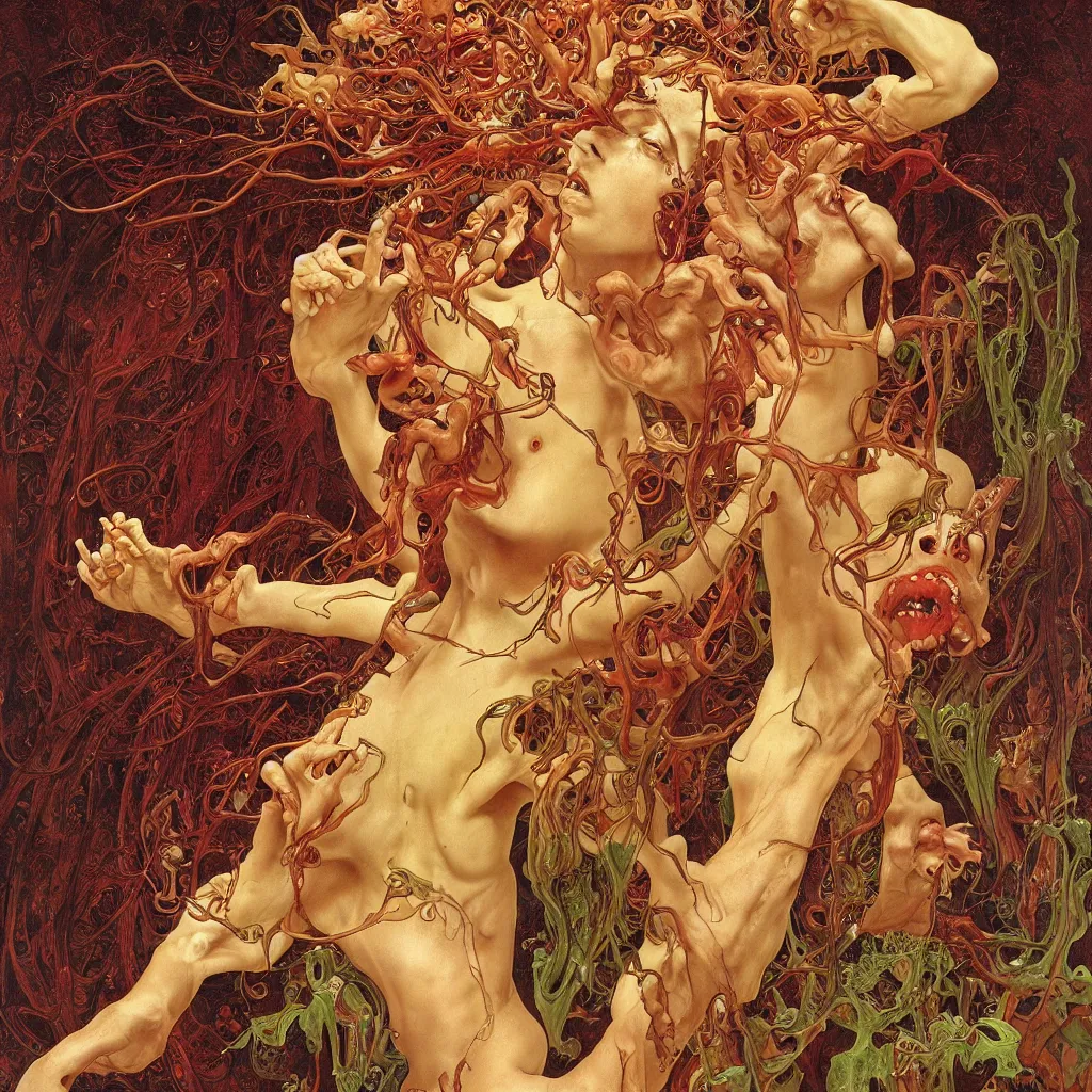 Image similar to epic photorealistic photograph of a grotesque veiny glossy wet gory nightmare fungus demon god. uhd, amazing depth, cinematic lighting, levitating floating fungus god with arms outstretched. by thomas blackshear and alphonse mucha.