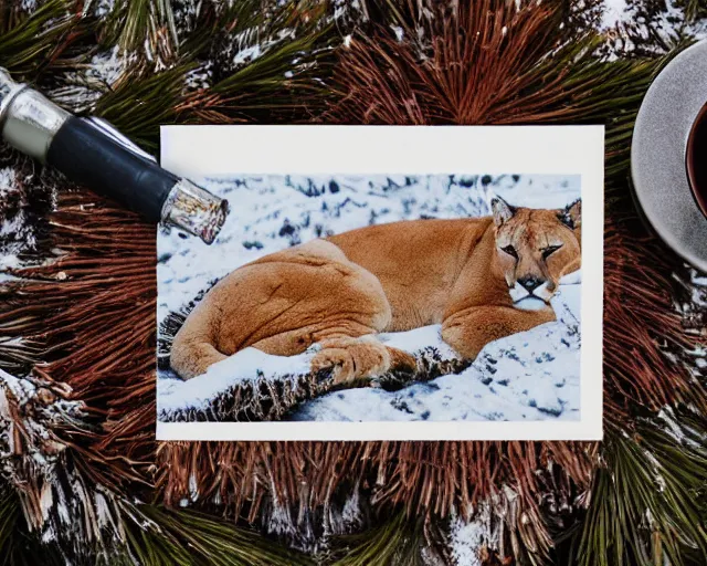 Prompt: ripped up postcard showing 'a cougar sleeping in the middle of snowy pine tree' laying on coffee table with stamp and damaged due to age, zoomed out shot, HD, iphone capture