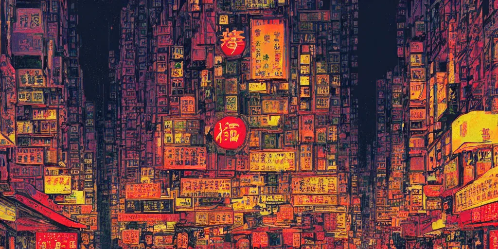 Prompt: artwork of a hong kong street, by dan mumford and peter doig, highly detailed, dramatic lighting, 8 k