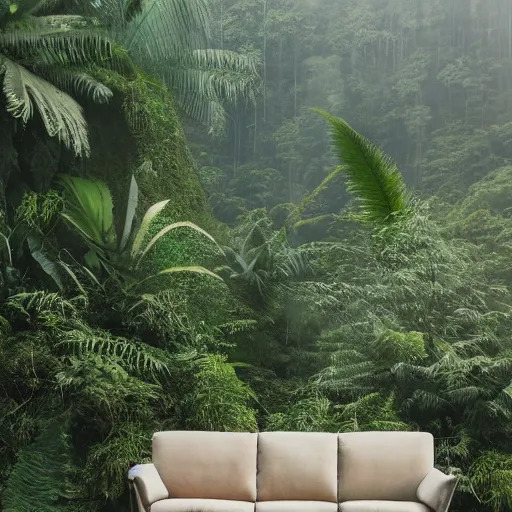 Image similar to a full length portrait of a giant autonomous sofa in a misty rainforest, surrounded by lush ferns and fir trees. surrounded by mountains and clouds and mist. featured on