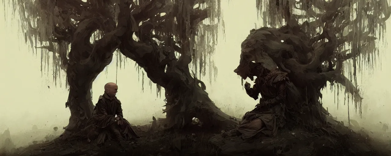 Image similar to duotone noir illustration close up of bald merchant demon sitting below willow tree in medieval brown tunic. foggy evening. dark dream atmosphere with volumetric hellish lighting, by sachin teng and sergey kolesov and ruan jia and heng z. graffiti art, scifi, fantasy, hyper detailed. octane render. concept art. trending on artstation