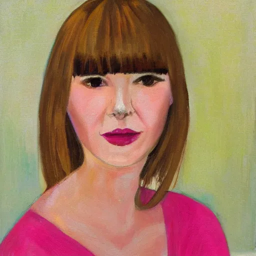 Image similar to portrait of a woman with bangs and blonde hair wearing a pink dress