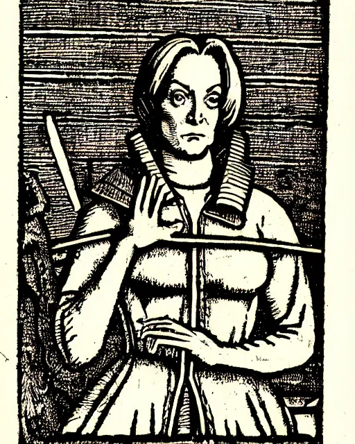 Prompt: woodcut illustration of dana scully from the nuremberg chronicle, 1 4 9 3, sharp scan, restored