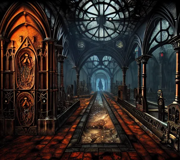 Image similar to steam necropolis, memento mori, gothic, neo - gothic, art nouveau, hyperdetailed copper patina medieval icon, stefan morrell, philippe druillet, ralph mcquarrie, concept art, steampunk, unreal engine, detailed intricate environment, octane render, moody atmospherics, volumetric lighting, ultrasharp, ominous, otherworldly