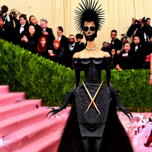 Prompt: A anthro metal fork at the Met Gala, female with a fork for a head